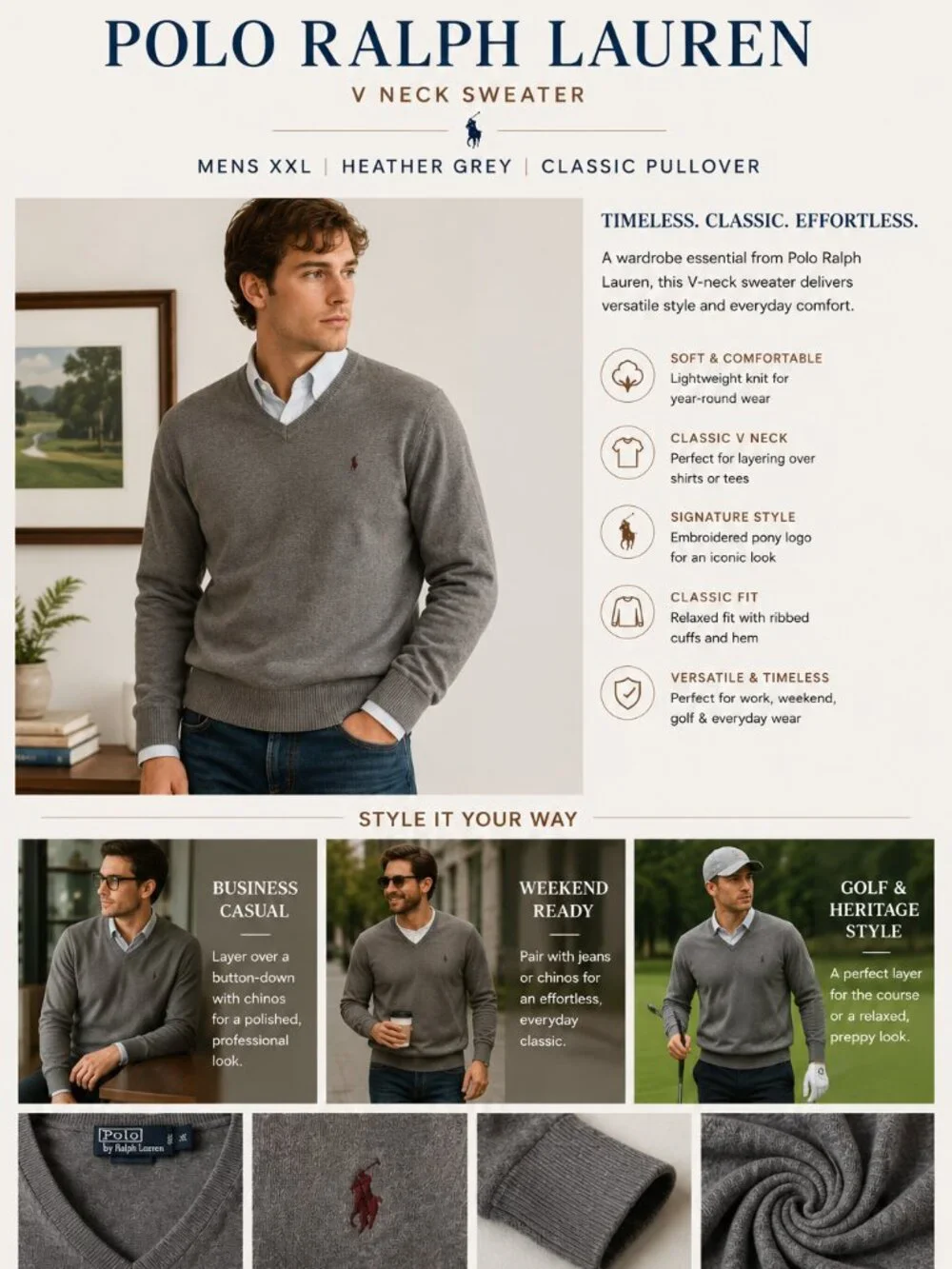 Polo Ralph Lauren Mens Sweater XXL Grey VNeck Pullover Cotton Pony Preppy
